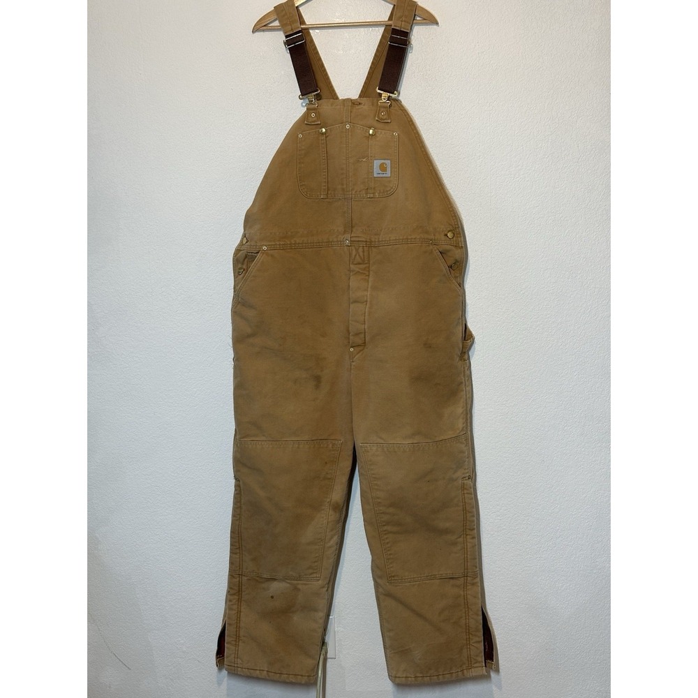 Carhartt Bib Overalls Mens 38x30 R41 BRN Quilted Lined Duck 1/2 Zip
